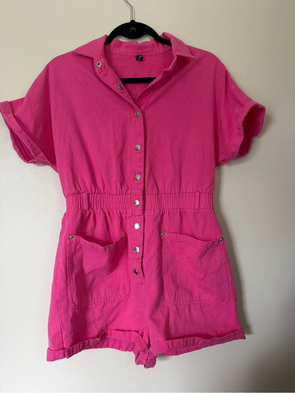 Chouyatou Bright Pink Button-Down Utility Romper Coveralls Elastic Waist Medium